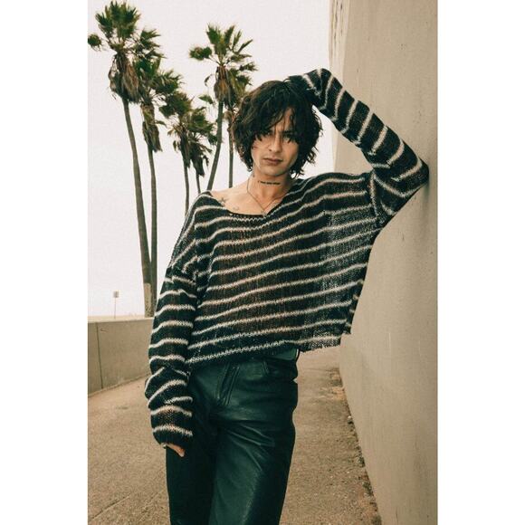 OTHER UK Sz L/XL Black Ivory Stripe Crop Wool Mohair Blend Pullover Sweater NWT